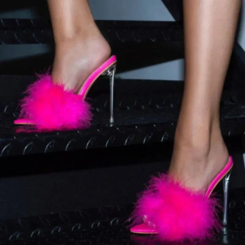 Feather decorated Thin high heel peep toe pointed fashion party High Heel