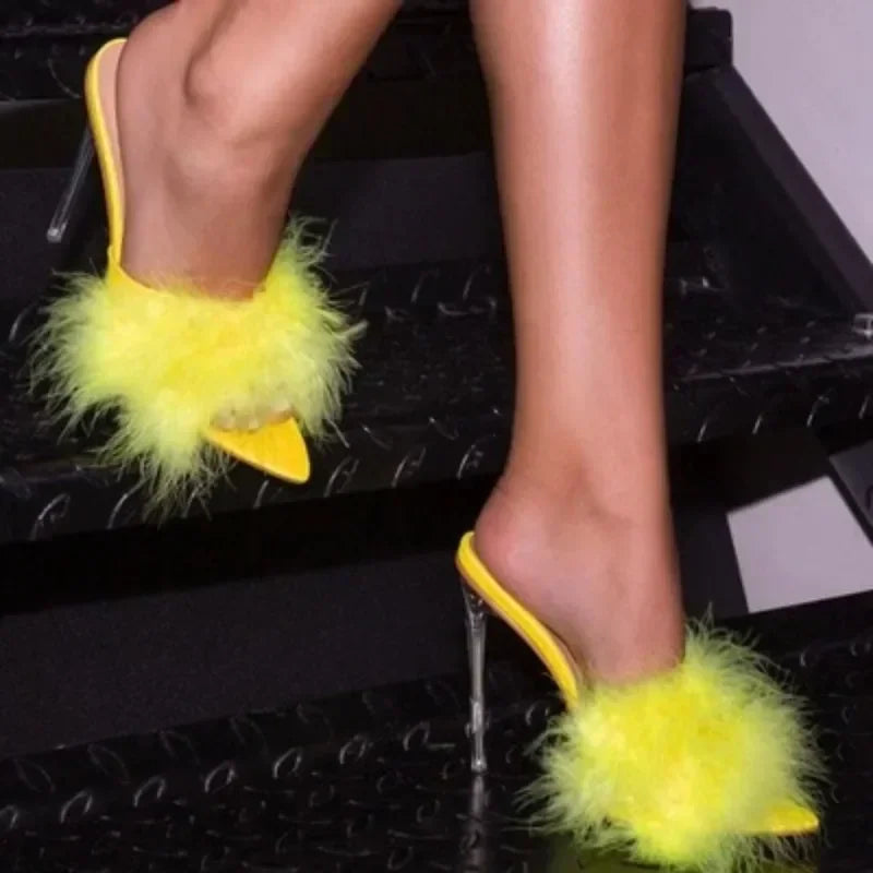 Feather decorated Thin high heel peep toe pointed fashion party High Heel