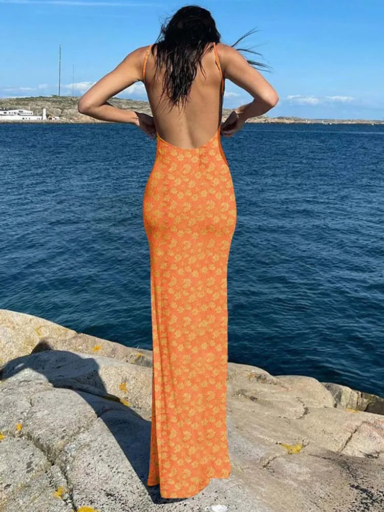 Flower Slip Sleeveless Backless Slim Spring Streetwear Party Concise Midi Dresses