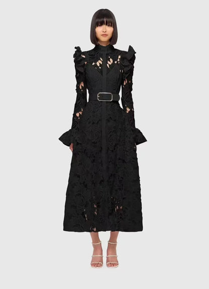 Floral Lace High Neck Button Front Bell Sleeve Belted Midi Shirt Dress