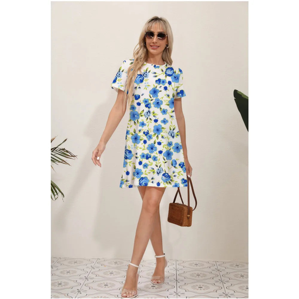 Round Neck Short Sleeve Botanical Leaf Placement Print Mini Dress