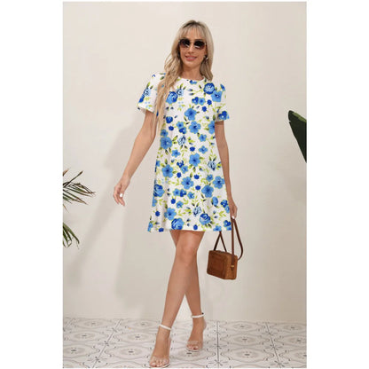 Round Neck Short Sleeve Botanical Leaf Placement Print Mini Dress