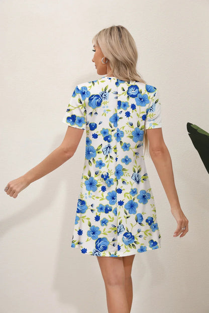 Botanical Leaf Border Print Short Sleeve Mini Dress