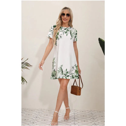 Botanical Leaf Border Print Short Sleeve Mini Dress