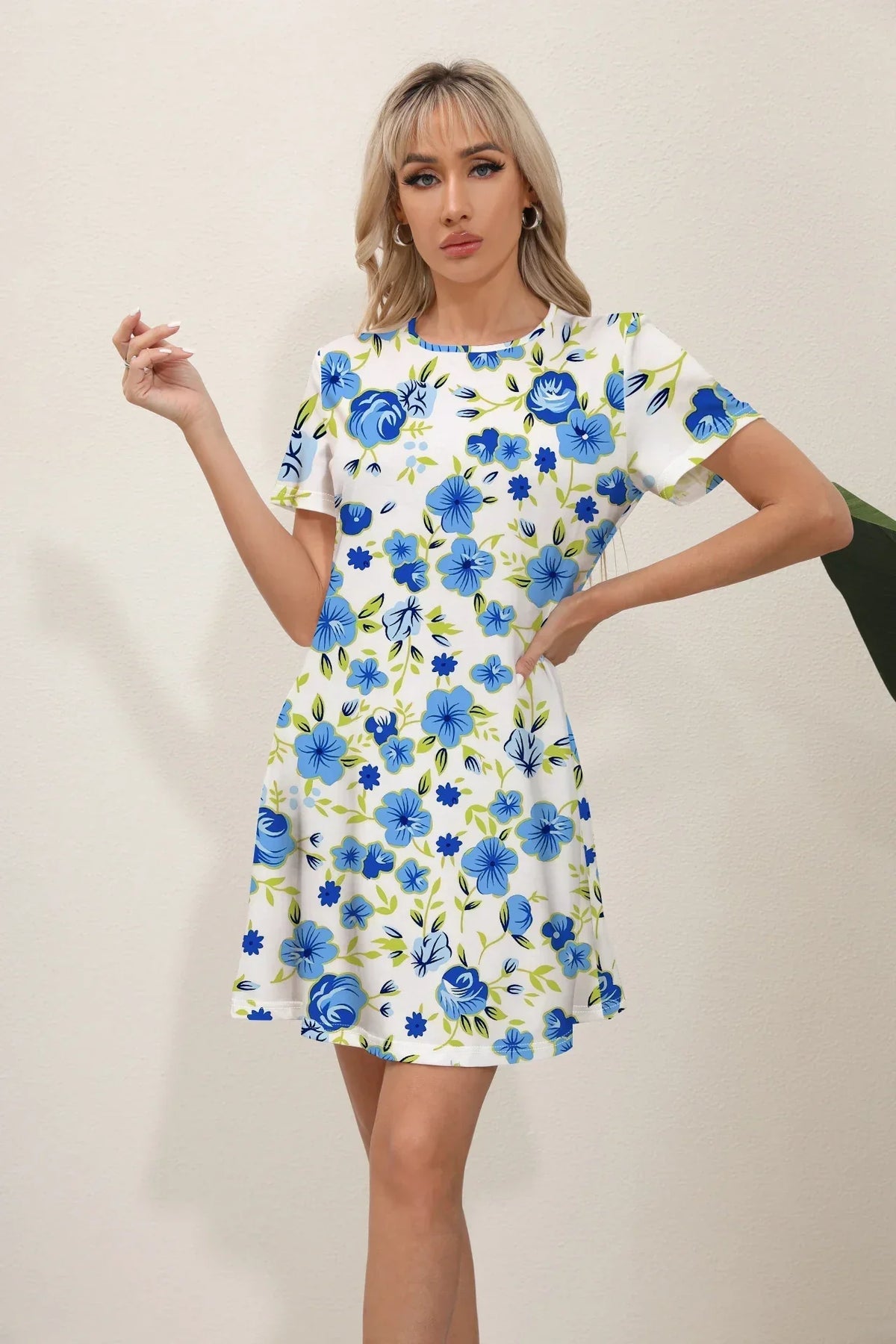 Botanical Leaf Border Print Short Sleeve Mini Dress