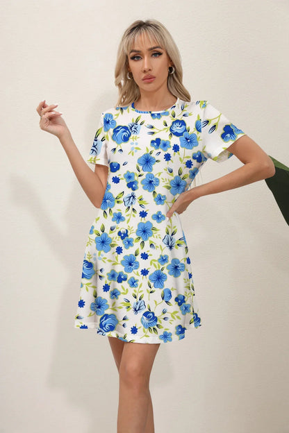 Botanical Leaf Border Print Short Sleeve Mini Dress