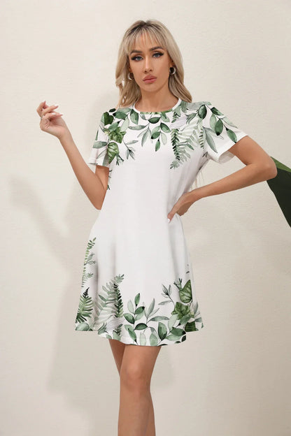 Botanical Leaf Border Print Short Sleeve Mini Dress