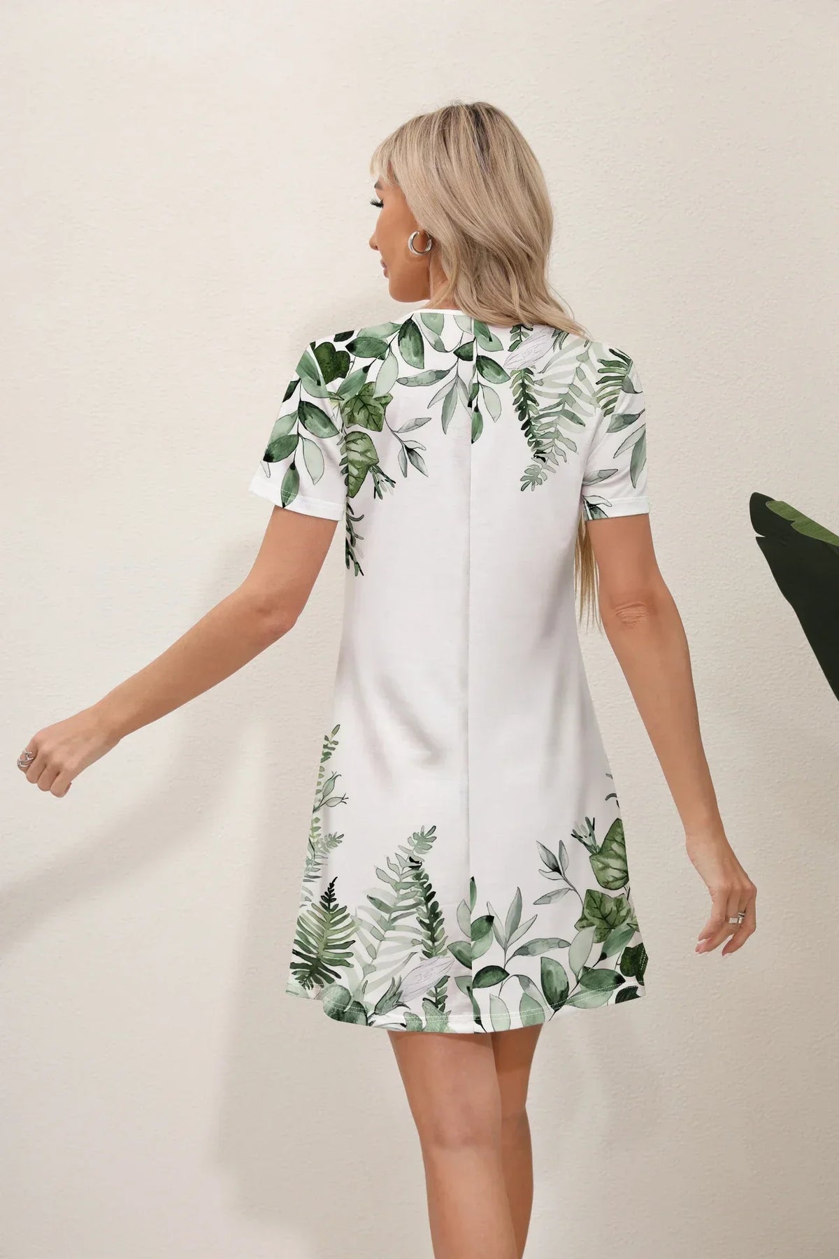 Botanical Leaf Border Print Short Sleeve Mini Dress