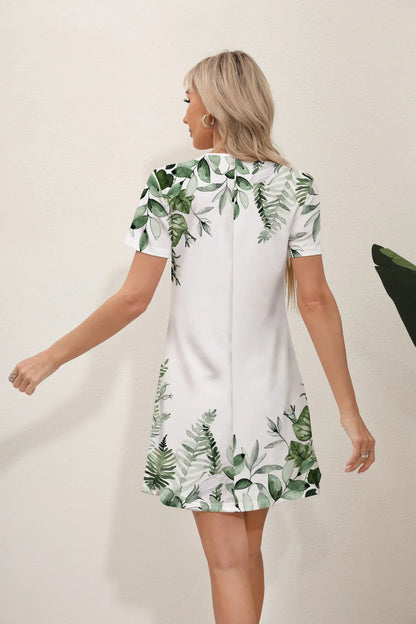 Botanical Leaf Border Print Short Sleeve Mini Dress
