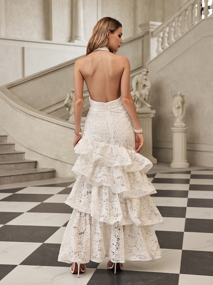 Lace Halter Plunging V-Neck Tiered Ruffle Mermaid Maxi Gown
