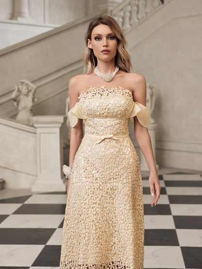 Off Shoulder Floral Lace Ruffle Sleeve Bow Belt Midi Dress