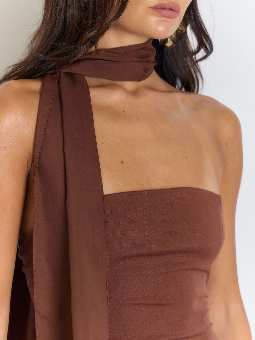 Brown One Shoulder Neck Tie Ruched Faux Two Piece High Split Column Maxi Dress