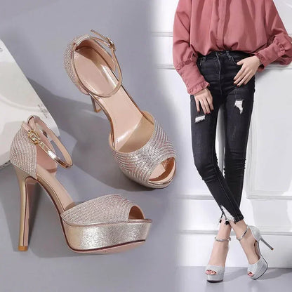 Gold/Silver Peep Toe Platform Buckle Strap Rhinestone High Heel High Heel