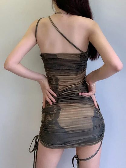 Abstract Print Crisscross Halter Strap Ruched Side Tie Bodycon Mini Dress