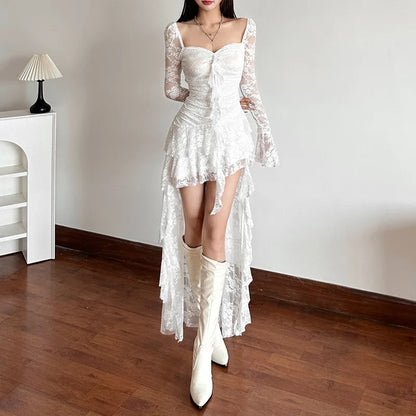 Sweetheart Neckline Lace Ruched Tie Bodice Tiered Ruffle High-Low Mini Dress