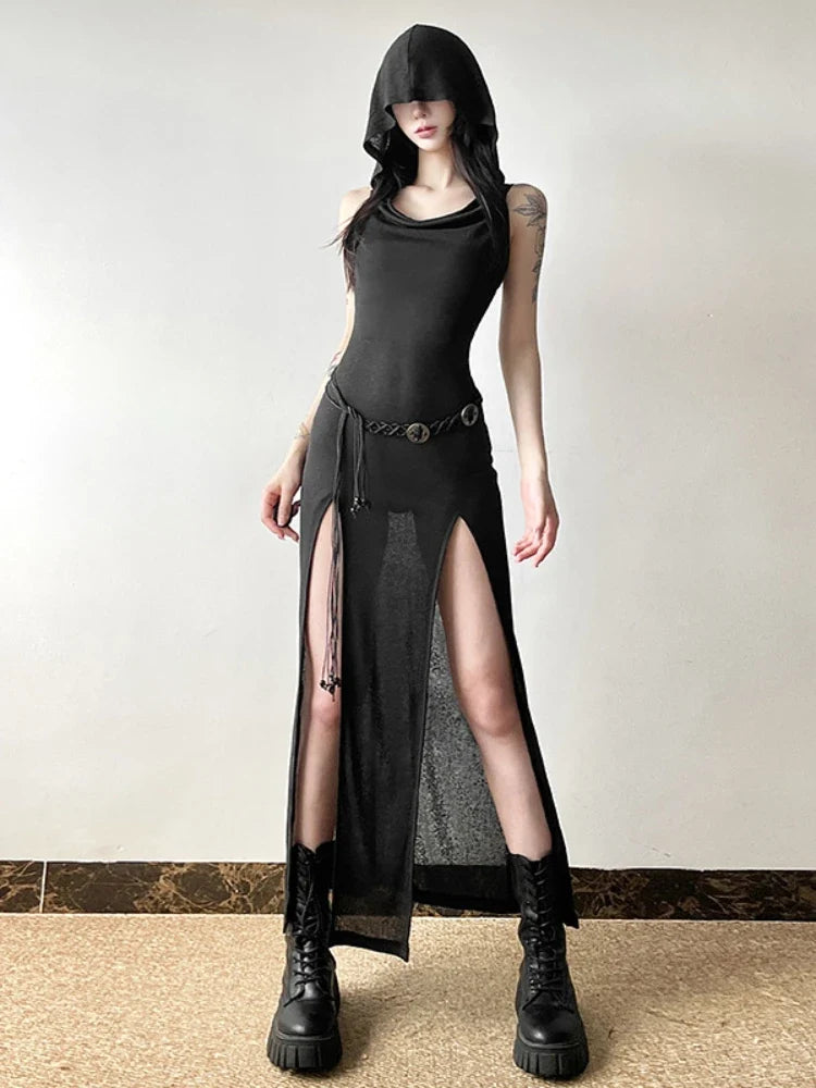 Elegant Gothic Slash Neck Long Sleeve Off Shoulder Summer French Chic Split Slim Stretch Ruffles Dress