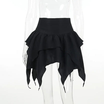 Irregular Solid Color Drawstring Tie-Up Ruched Ruffles Mini Skirt