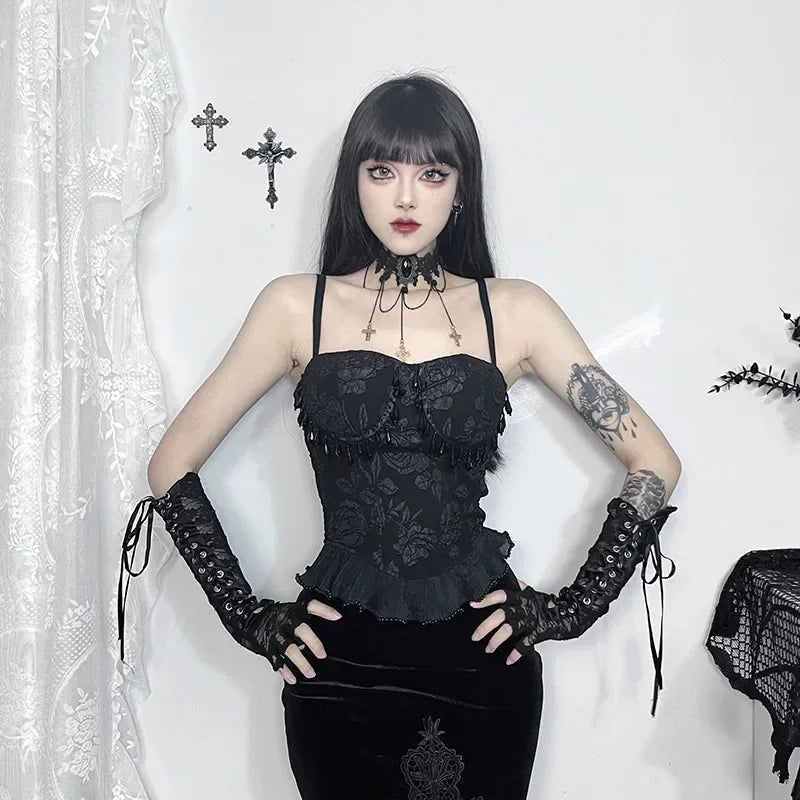 Gothic Retro Grunge Jacquard Bead Pendant Backless Crop Top