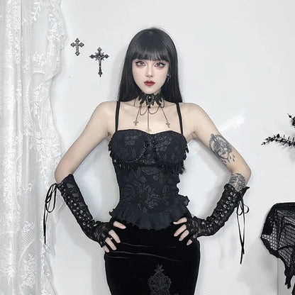 Gothic Retro Grunge Jacquard Bead Pendant Backless Crop Top