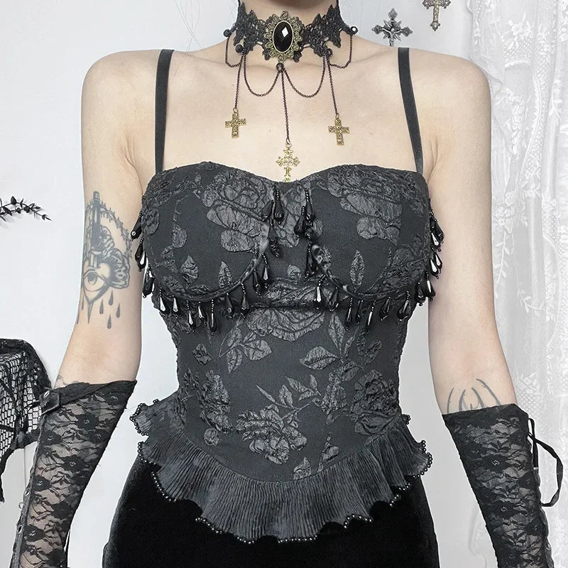 Gothic Retro Grunge Jacquard Bead Pendant Backless Crop Top