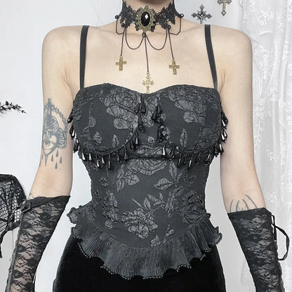 Gothic Retro Grunge Jacquard Bead Pendant Backless Crop Top