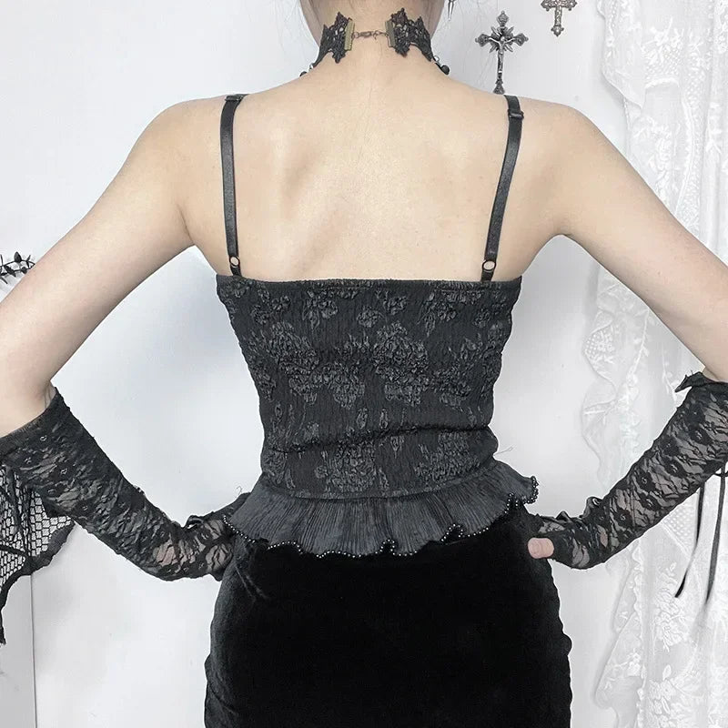 Gothic Retro Grunge Jacquard Bead Pendant Backless Crop Top
