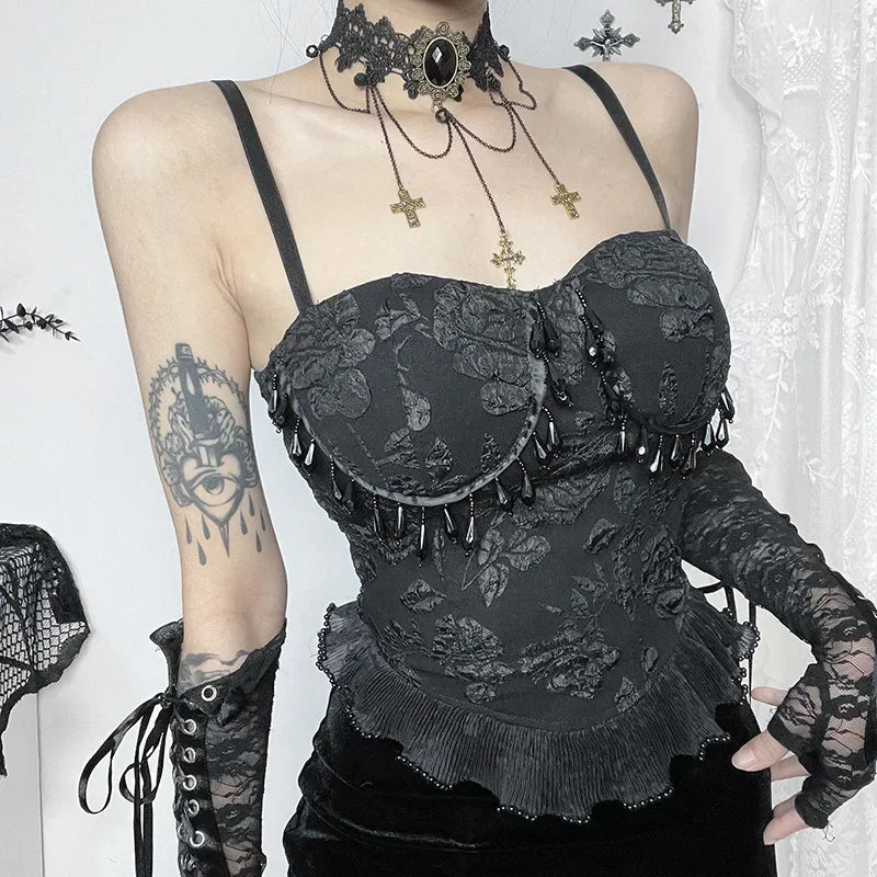 Gothic Retro Grunge Jacquard Bead Pendant Backless Crop Top