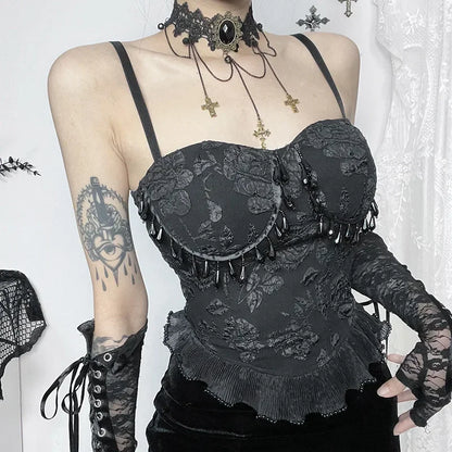Gothic Retro Grunge Jacquard Bead Pendant Backless Crop Top
