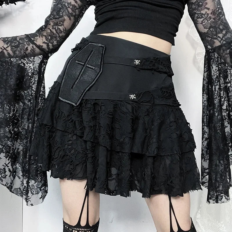 Gothic Style Lace Cake for Summer 2024 Women with Versatile Ripped Hole Fabric Skirt