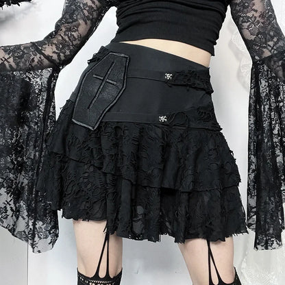 Gothic Style Lace Cake for Summer 2024 Women with Versatile Ripped Hole Fabric Skirt