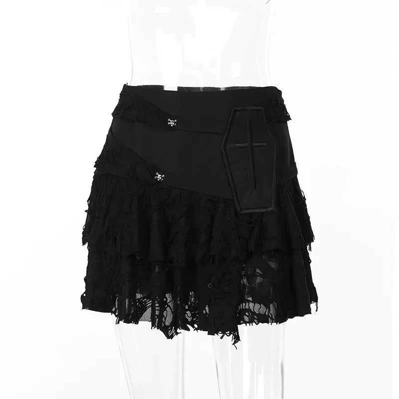 Gothic Style Lace Cake for Summer 2024 Women with Versatile Ripped Hole Fabric Skirt