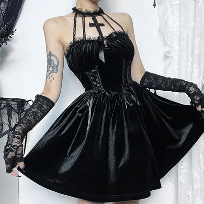 Velvet Lace-Up Corset Cross Pendant Halter Neck Lace Trim A-Line Mini Dress