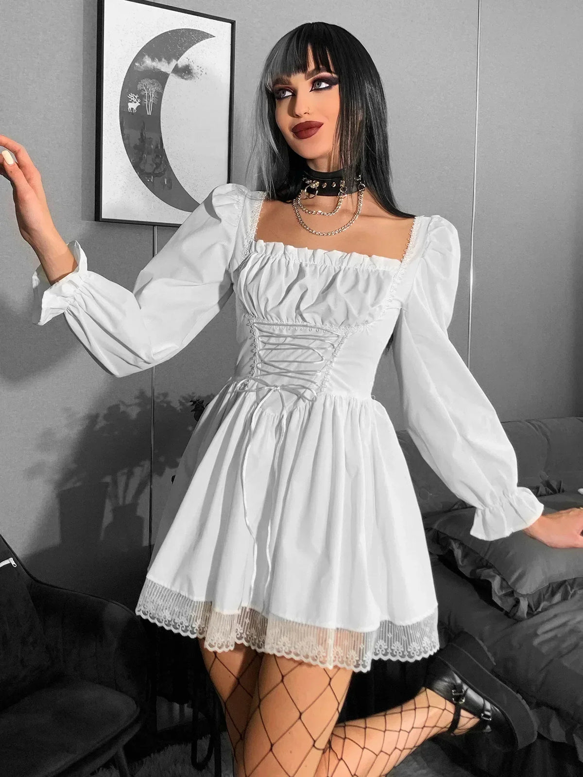 Square Neck Puff Sleeve Lace Up Corset Lace Hem Mini Dress