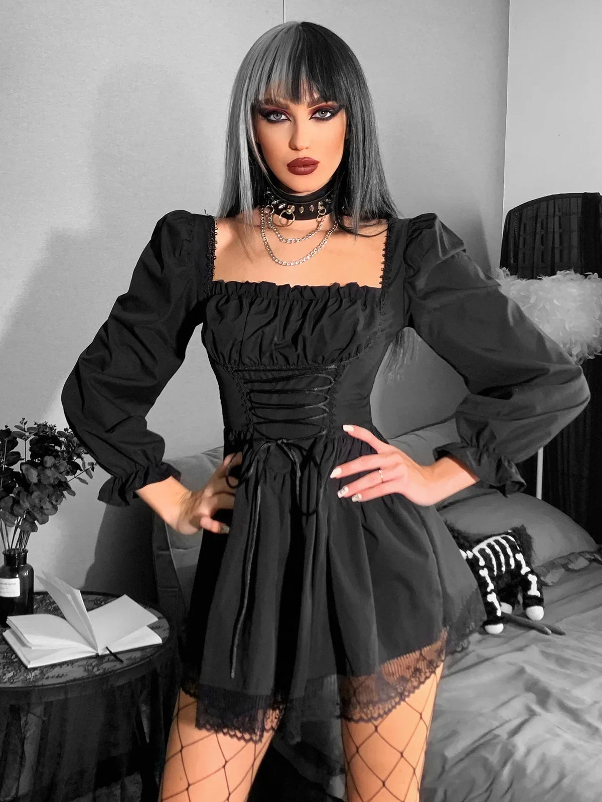 Square Neck Puff Sleeve Lace Up Corset Lace Hem Mini Dress