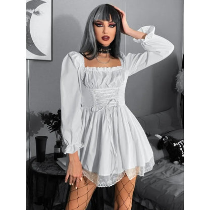 Square Neck Puff Sleeve Lace Up Corset Lace Hem Mini Dress