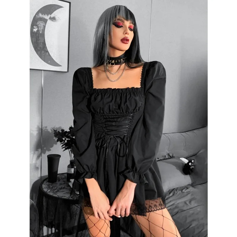 Square Neck Puff Sleeve Lace Up Corset Lace Hem Mini Dress