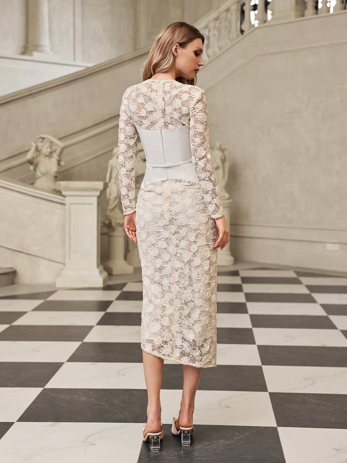 Floral Lace Deep V-Neck Long Sleeve Corset Waist Belted Midi Dress