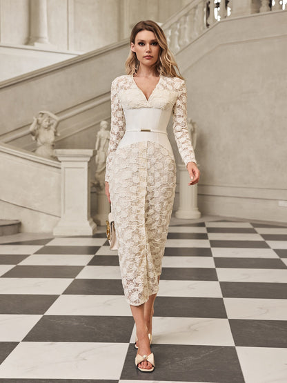Floral Lace Deep V-Neck Long Sleeve Corset Waist Belted Midi Dress