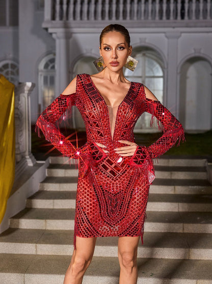 Rhinestone Mirror Panel Deep V-Neck Cold Shoulder Fringe Long Sleeve Bodycon Mini Dress