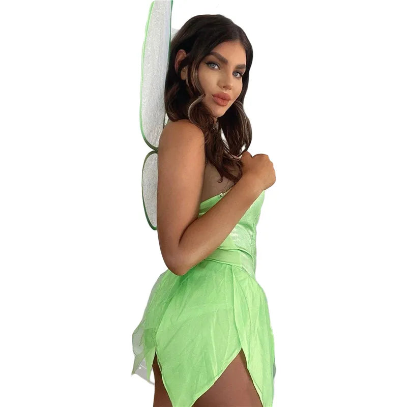 Forest Fairy Costume for Women Princess Green Strapless Sleeveless Bodycon Dresses with Butterfly Wings Cosplay Outfits
