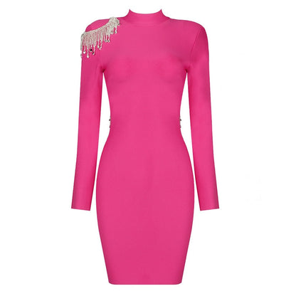 Crystal Fringe Open Back Mock Neck Long Sleeve Bodycon Dress