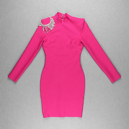 Crystal Fringe Open Back Mock Neck Long Sleeve Bodycon Dress