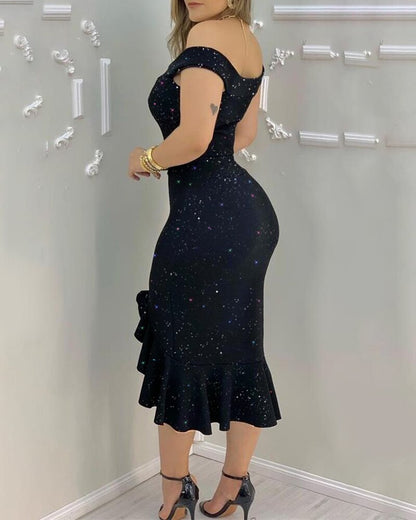 Off Shoulder Glitter Ruffle Hem High Split Bodycon Midi Dress