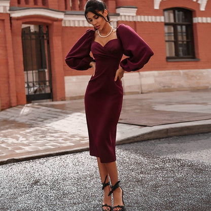 Wrap Bust Puff Sleeve Bodycon Mini Dress