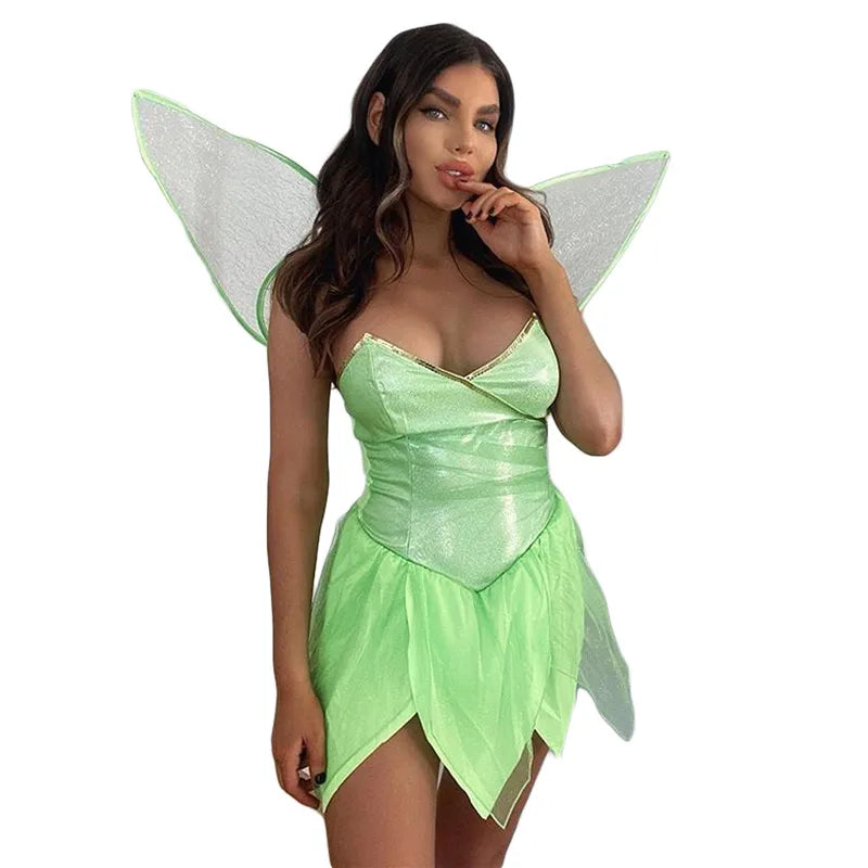 Forest Fairy Costume for Women Princess Green Strapless Sleeveless Bodycon Dresses with Butterfly Wings Cosplay Outfits