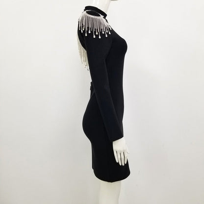 Crystal Fringe Open Back Mock Neck Long Sleeve Bodycon Dress