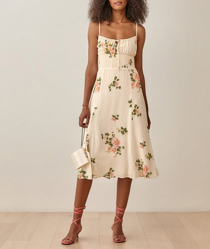 Floral Smocked Waist Tie Neck Spaghetti Strap Midi Dress