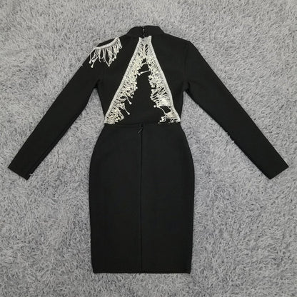 Crystal Fringe Open Back Mock Neck Long Sleeve Bodycon Dress