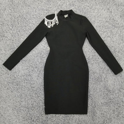 Crystal Fringe Open Back Mock Neck Long Sleeve Bodycon Dress