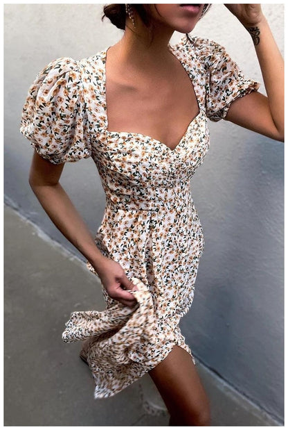 Daisy Floral Puff Sleeve Smocked Square Neck Side Slit Midi Dress